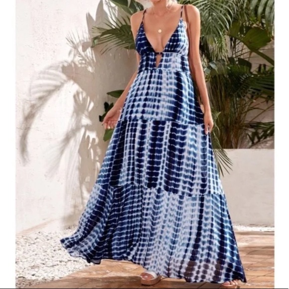 Boho navy blue tie dye cutout maxi dress - Picture 2 of 4